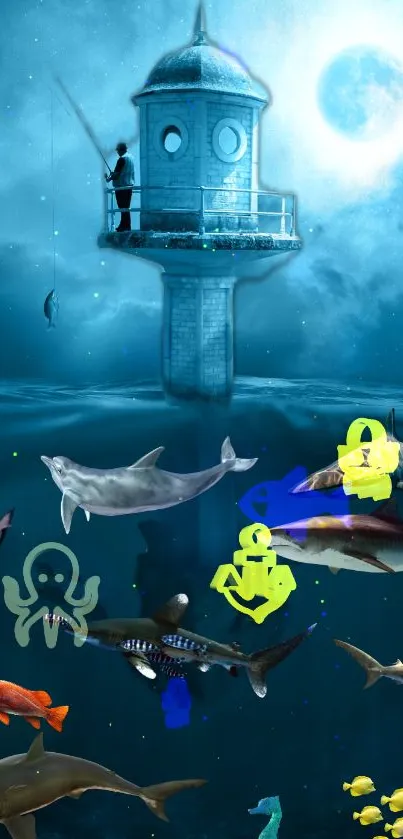 Fantasy wallpaper with underwater scene and moonlit tower.