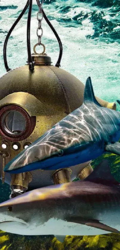 Underwater scene with sharks and vintage diving helmet.