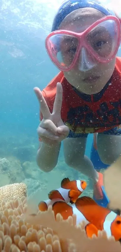 Underwater view with snorkeler and clownfish in vibrant coral reef.