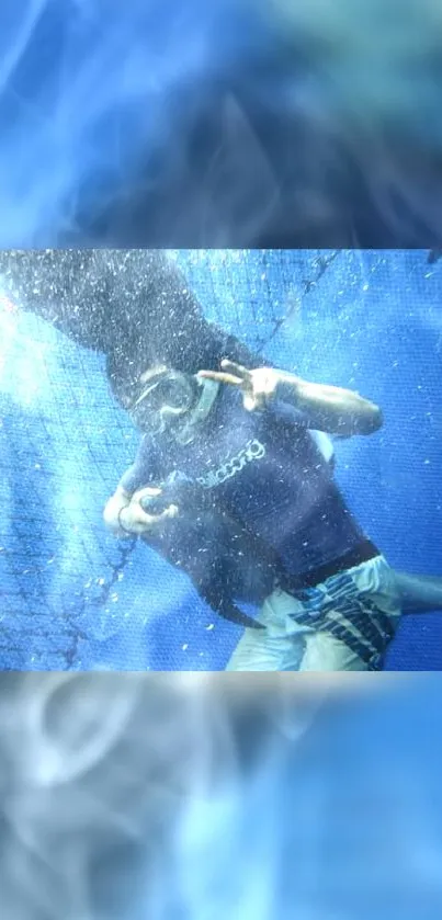 Diver underwater with a large fish in deep blue ocean scene.