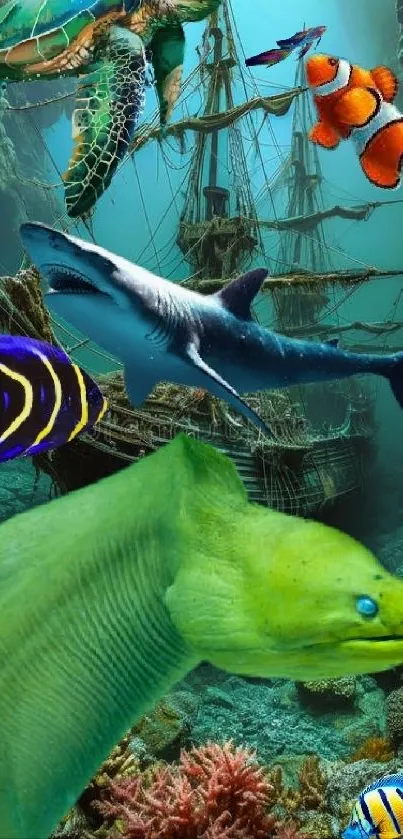 Vibrant underwater scene with fish, shark, and a sunken ship.