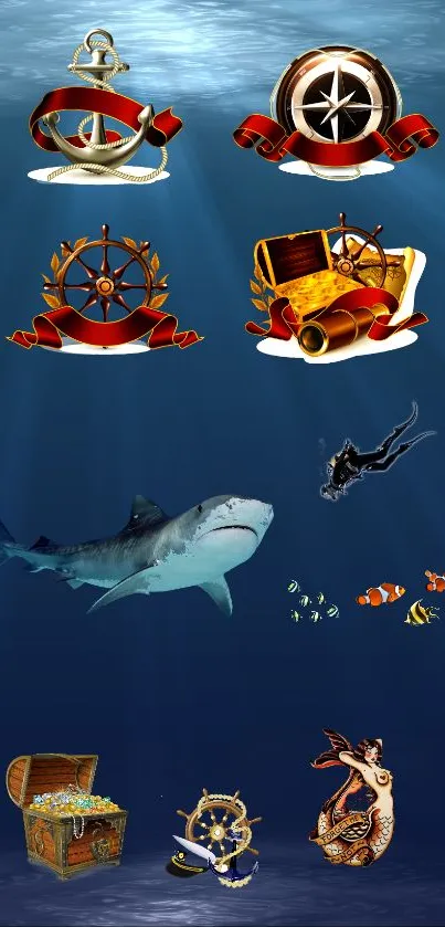 Underwater scene with marine life, treasure, and nautical icons on a deep blue background.