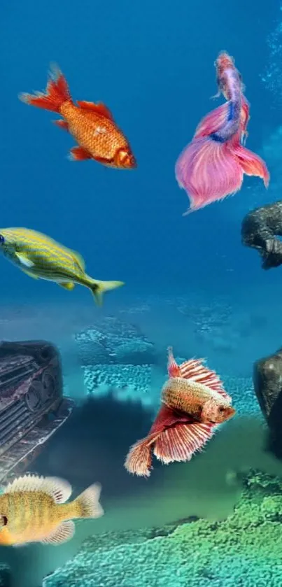 Underwater scene with vibrant fishes around ancient artifacts.