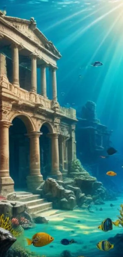 Underwater ancient ruins with corals and fish.