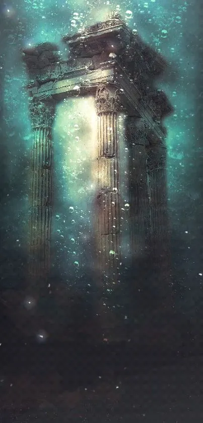 Underwater ancient columns in a blue, mystical scene with serene aqua glow.