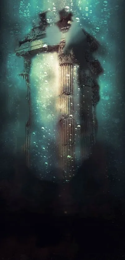 Surreal underwater scene with ancient columns in mystical teal hues.