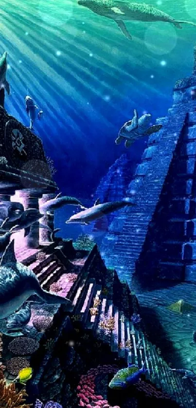 Dolphins swim around underwater Mayan ruins surrounded by vibrant coral reefs.