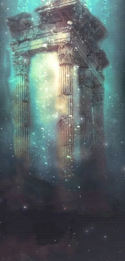 Ancient temple ruins submerged underwater, surrounded by blue ocean.