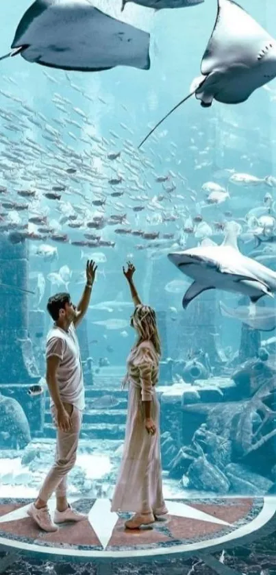 Couple gazing at sea life in an aquarium setting, surrounded by serene blue hues.