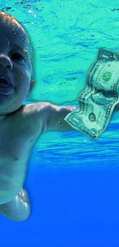 A baby underwater reaching for a dollar.