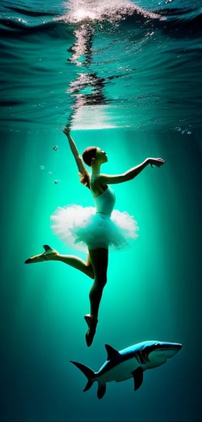 Graceful ballerina dances underwater with a shark in a turquoise glow.