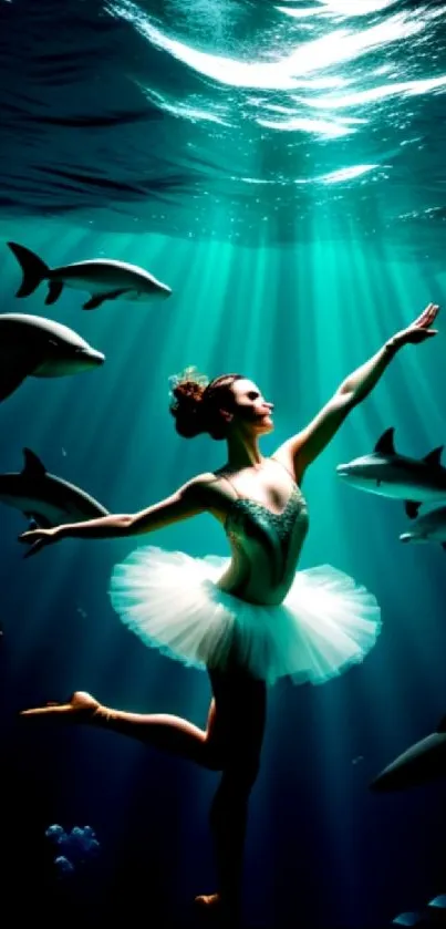 Ballet dancer gracefully poses underwater surrounded by sharks, showcasing elegance.