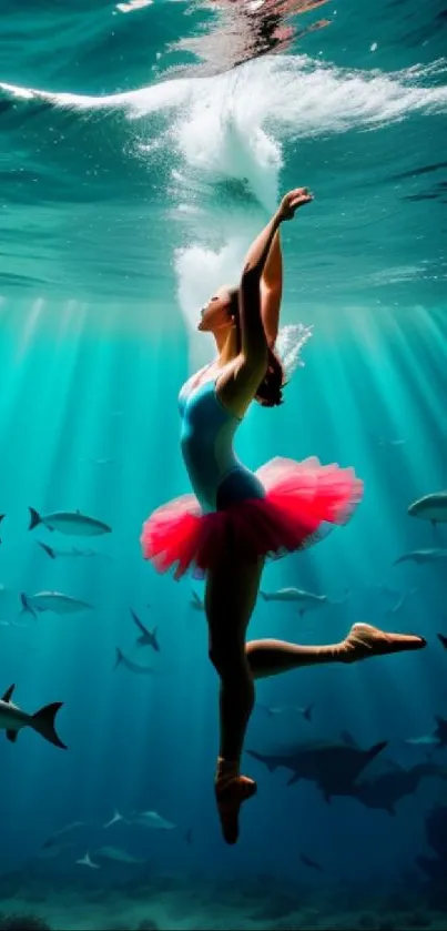 Underwater ballerina dancing with sharks in an ocean scene.