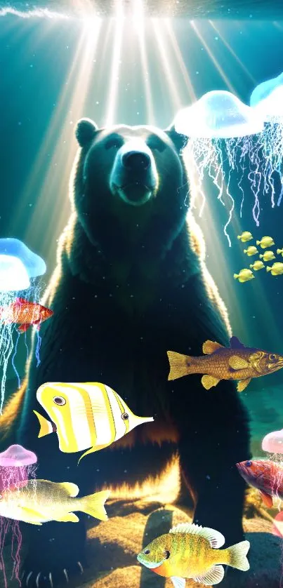 A bear underwater with fish and jellyfish in a fantasy scene.