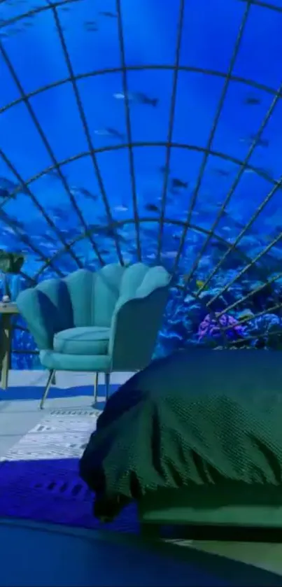 Aquarium themed underwater bedroom with blue lighting and glass ceiling.