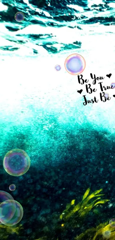 Underwater with bubbles and inspiring quote wallpaper.