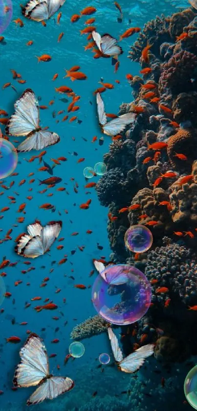 Butterflies and fishes swim in vibrant underwater scene.