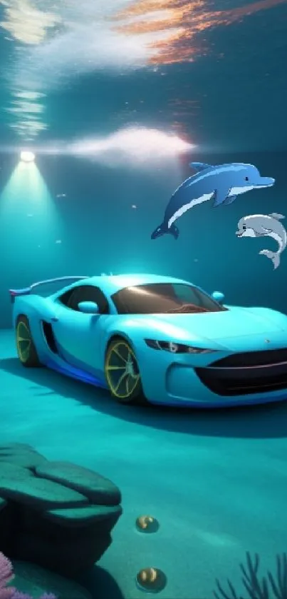 Underwater scene with car and dolphins, vibrant coral and teal water.