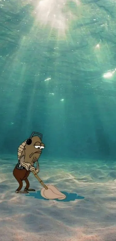 Cartoon character in a tranquil underwater setting with rays of light filtering through.