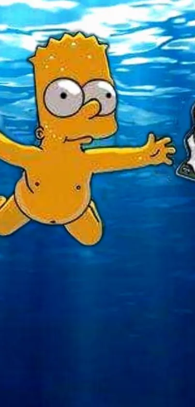 Cartoon character swims towards bill underwater.