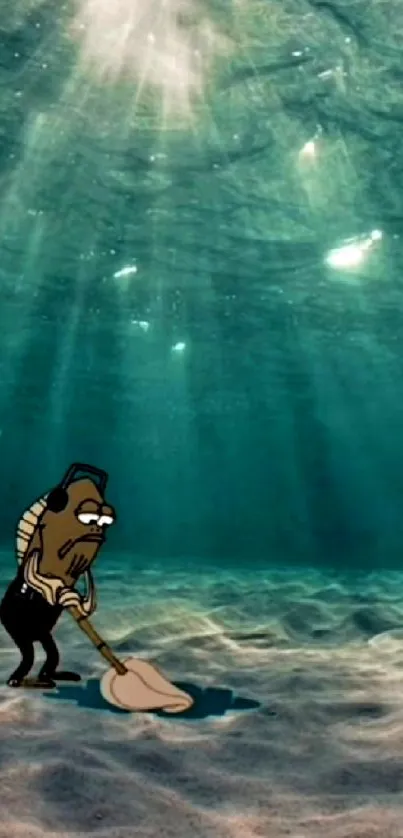 Cartoon character exploring the serene underwater ocean floor with sunlight streaming through.