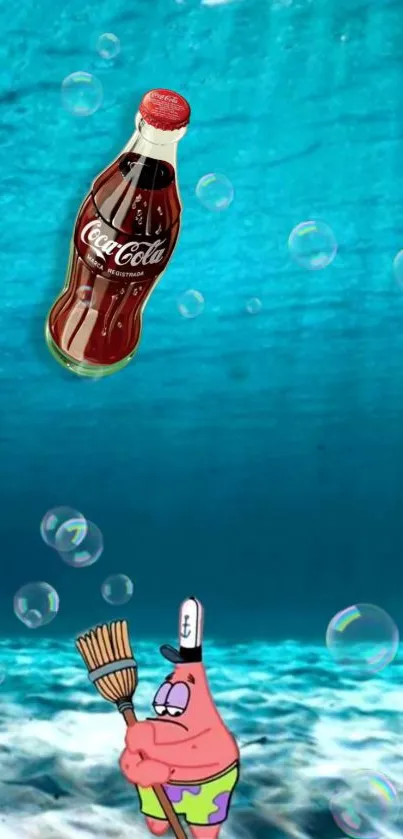 Cartoon character in underwater scene with floating soda bottle and bubbles.