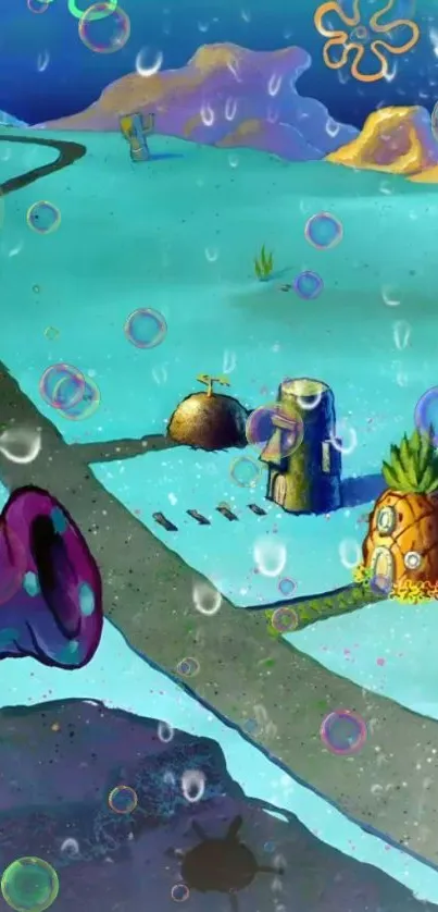 Animated underwater cartoon with colorful bubbles and sea houses.