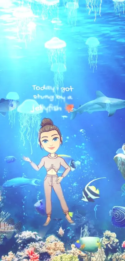 Cartoon avatar in underwater world with marine animals and corals.