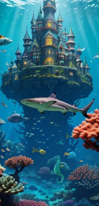 Underwater castle with vibrant marine life and corals.