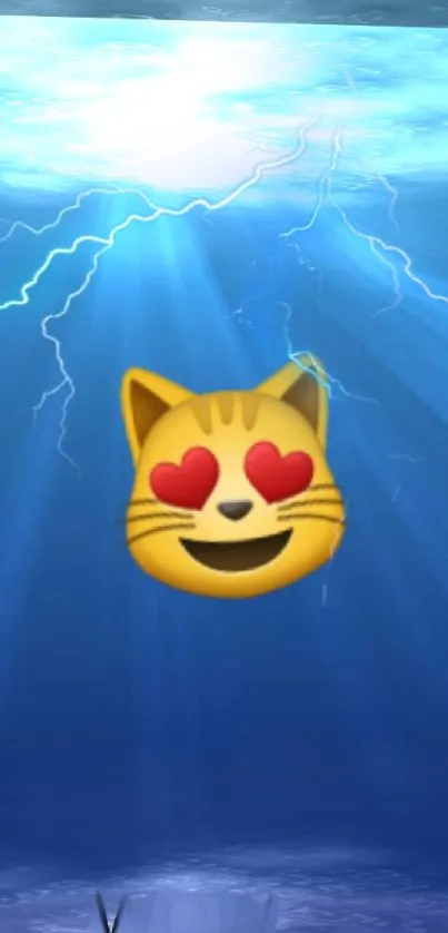 Cat emoji with heart eyes in blue underwater scene.