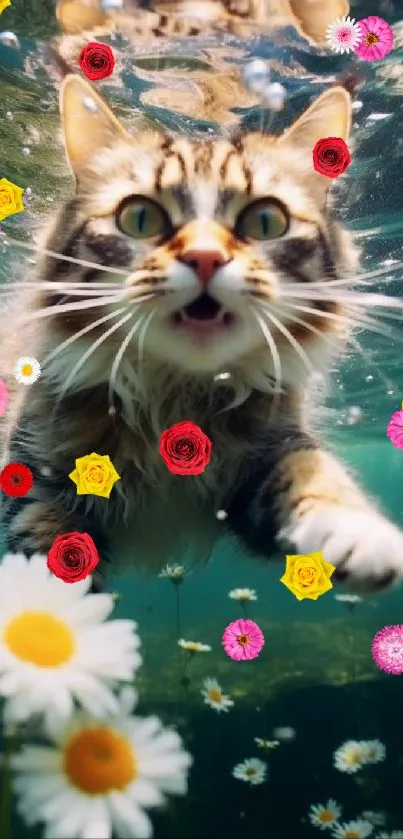 Cat swimming underwater with daisies in a vibrant nature scene.