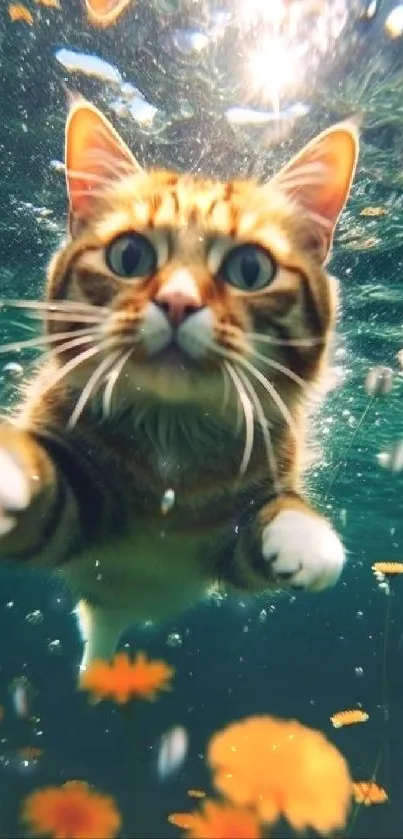 Curious cat swims underwater with orange flowers.