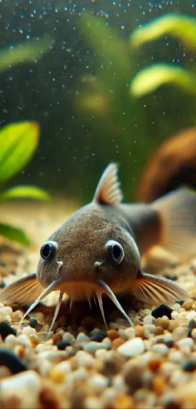 Catfish in natural aquarium with vibrant plants.