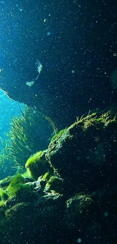 Underwater cave with sunlight illuminating ocean rocks and coral.