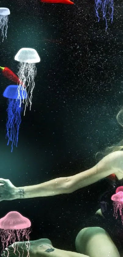 Woman underwater with floating red chilies.