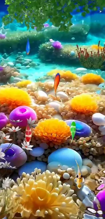 Vibrant underwater coral scene with colorful fish and plants.