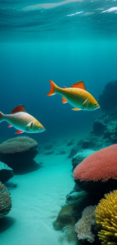 Underwater scene with coral and fish in vibrant teal blue water.