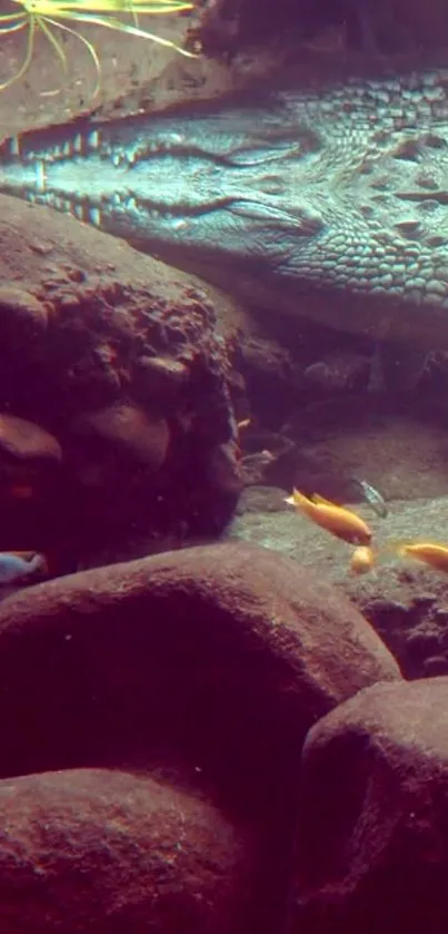 Underwater scene with crocodile and rocks.