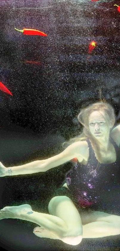 Artistic underwater scene with red peppers floating gracefully.