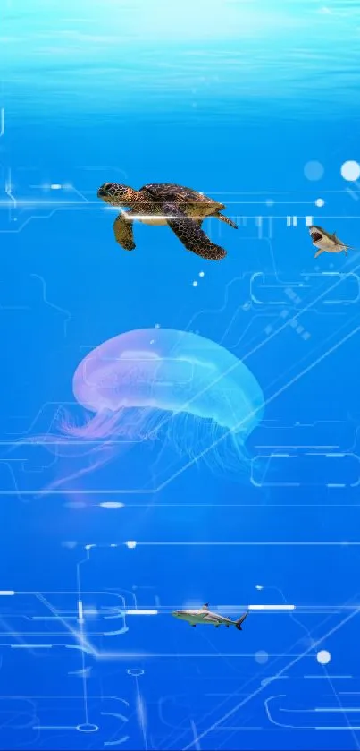 Vibrant underwater scene with turtle, jellyfish, and fish.