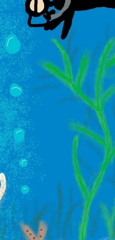 Scuba diver in blue ocean with coral and seaweed illustration.