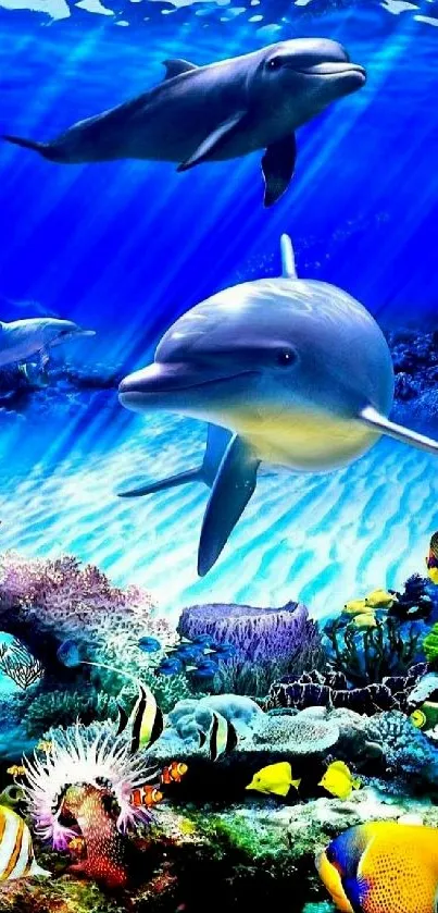 Vibrant underwater wallpaper with dolphins, coral reef, and colorful fish.