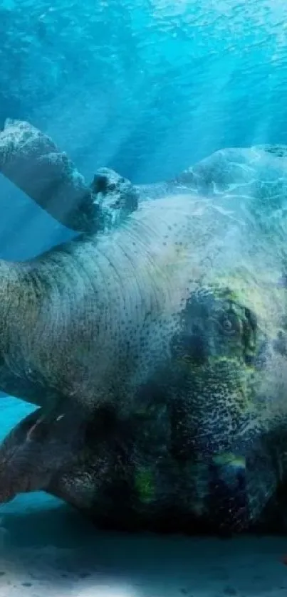 Surreal underwater scene with elephant and divers among vibrant corals.