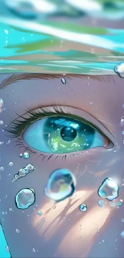 A vibrant digital artwork of an underwater eye, featuring bubbles and dynamic colors.