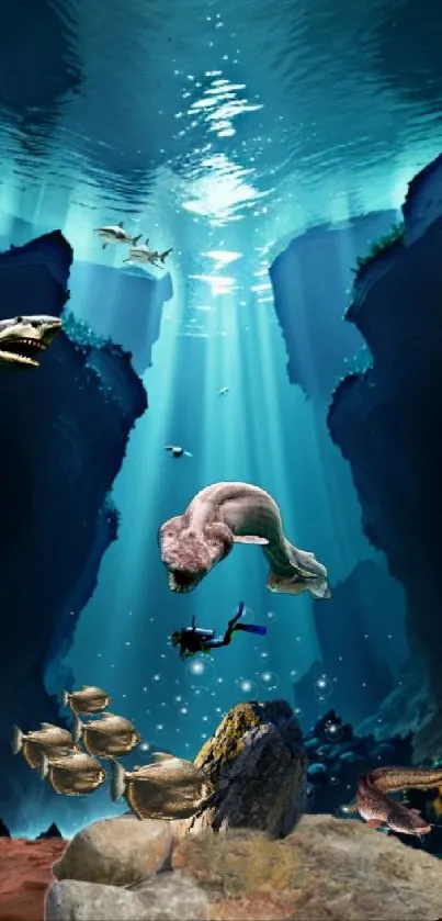 Fantasy underwater scene with a diver and ocean creatures, perfect for wallpapers.