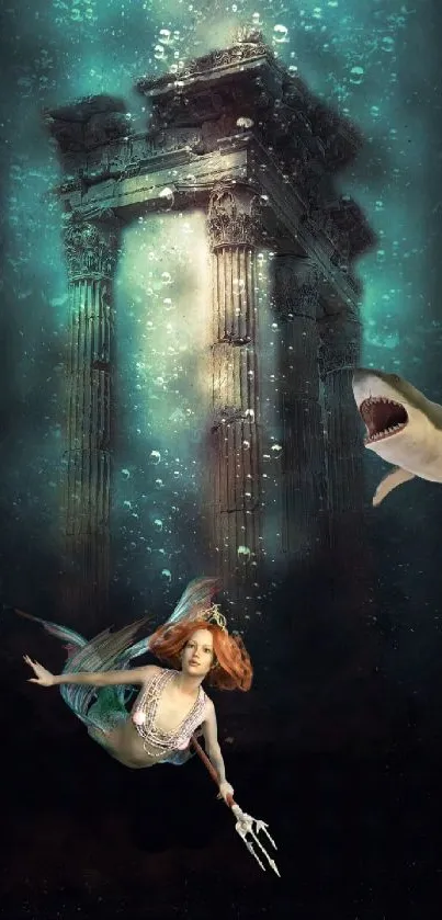 Mermaid with shark near ancient ruins underwater.