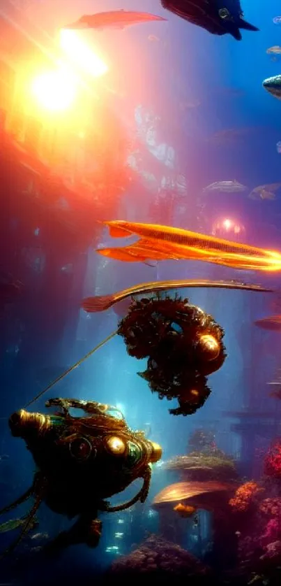 Surreal underwater world with vibrant colors and digital creatures.