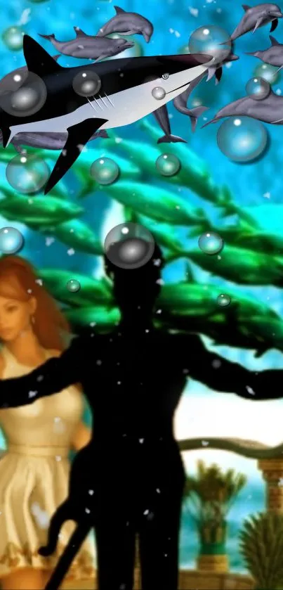 Underwater fantasy art with marine life and figures.