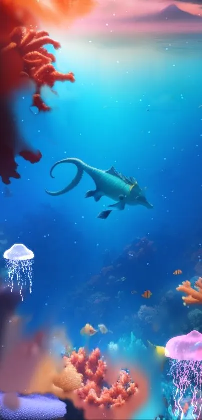 Surreal underwater scene with vibrant marine life and mystical sea creatures.