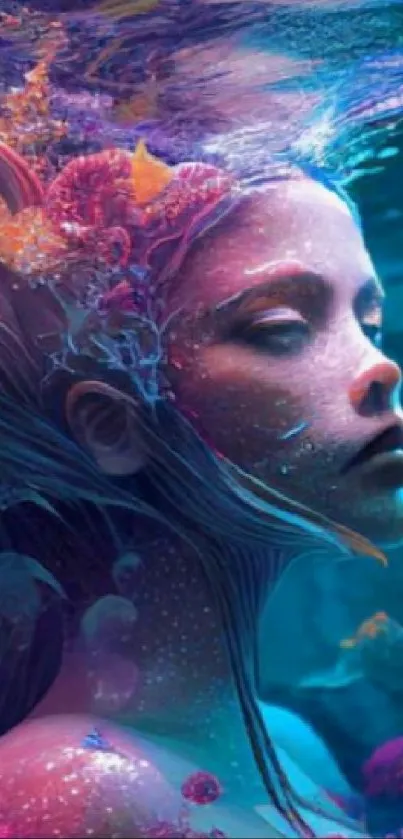 Fantasy artwork of a serene figure underwater with vibrant corals.